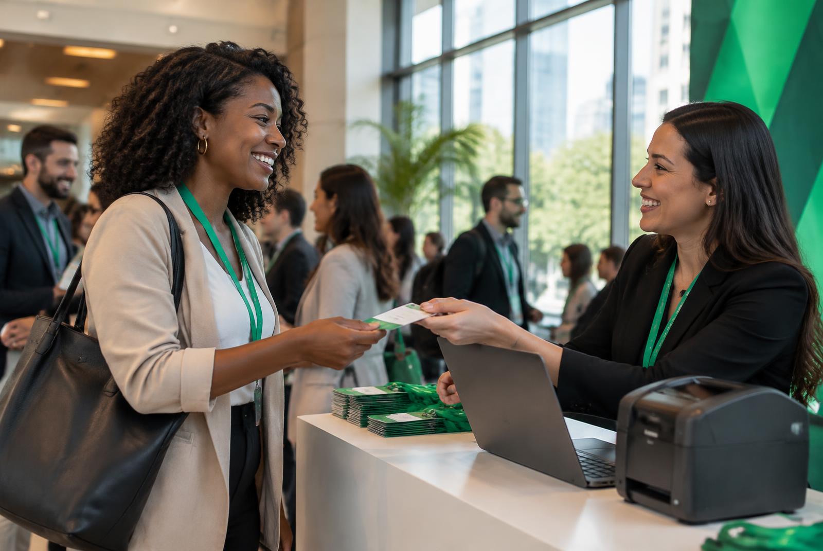 Participante sorrindo ao ser recebida por uma recepcionista em um evento